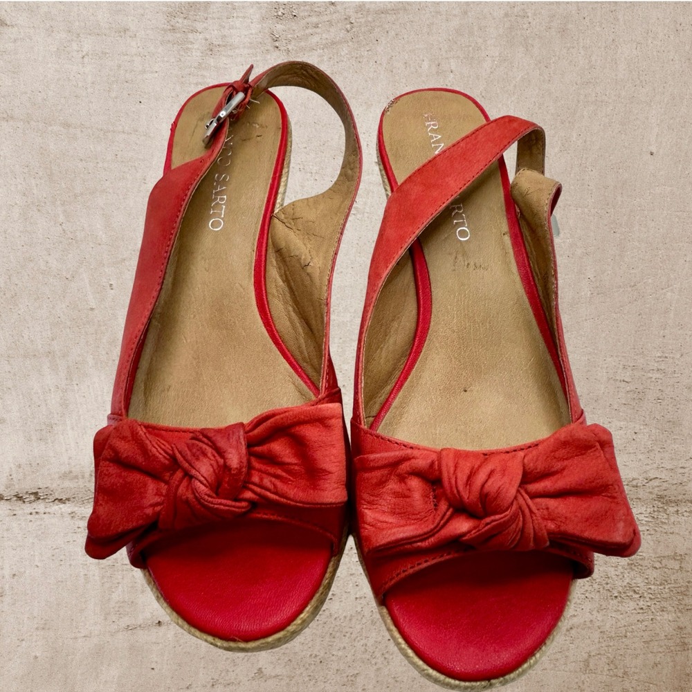 Franco‎ Sarto L-Camino Red Leather Bow Espadrille Wedge Sandals 8M